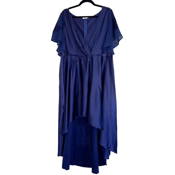 High-Low Blue Evening Gown W/ Lace & Sequins Flutter Sleeves Plus Size Elegant - Picture 1 of 16
